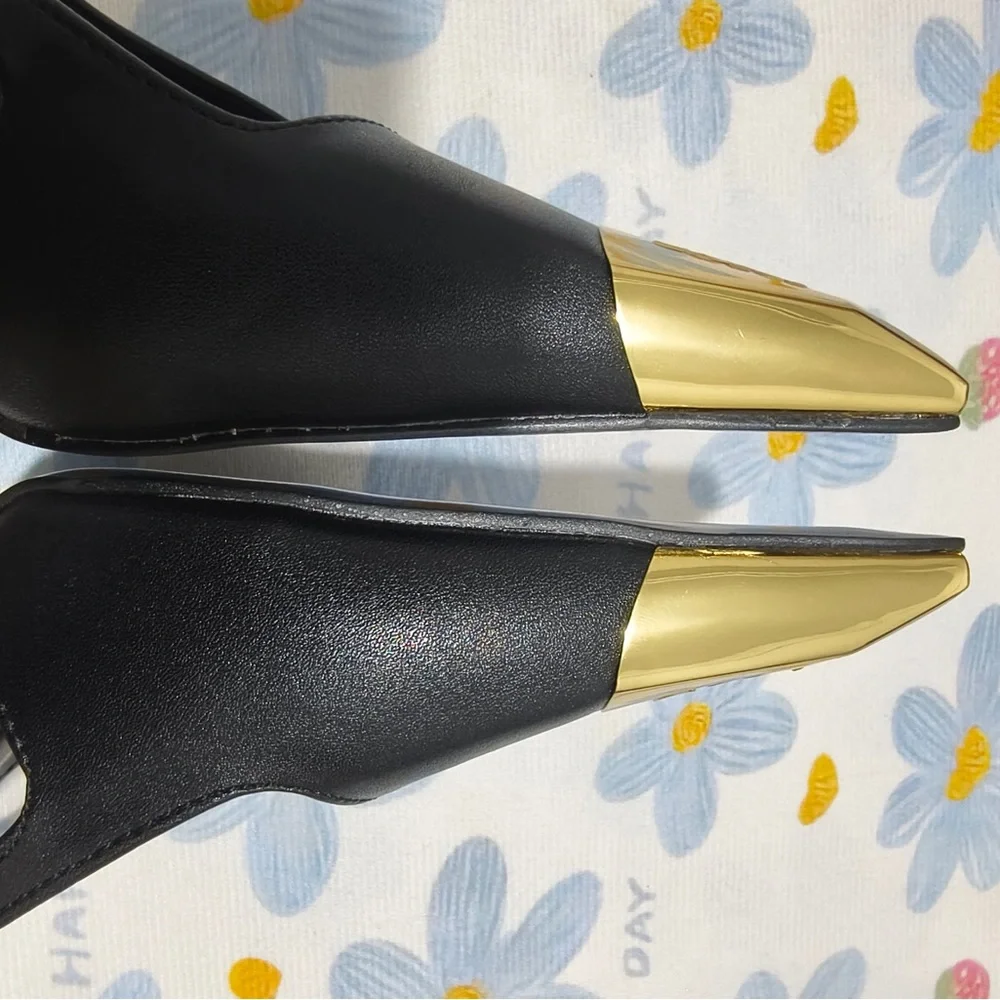 Saint Laurent Black Slingback Heels with Gold Pointed Cap - Picture 14 of 16